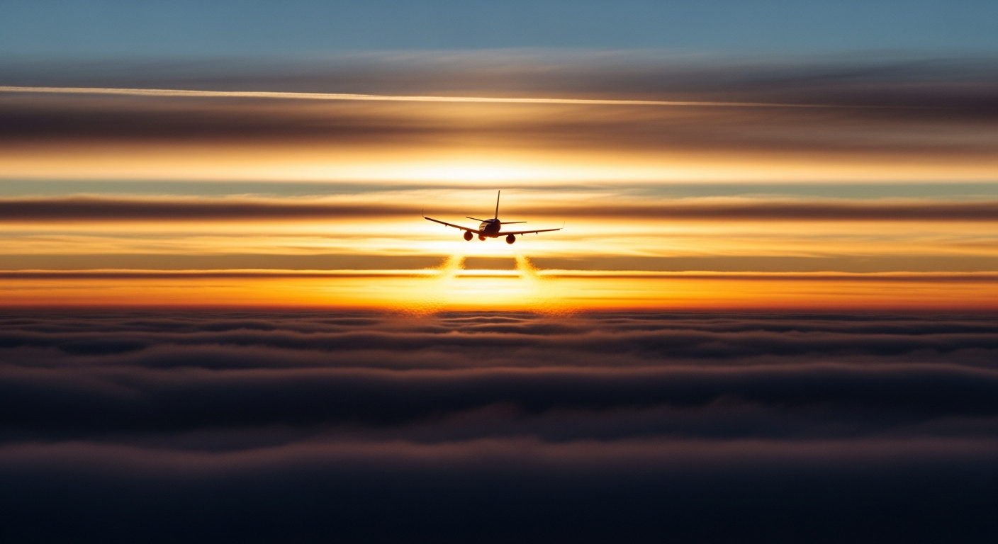 Airliner climbing above the clouds at dawn