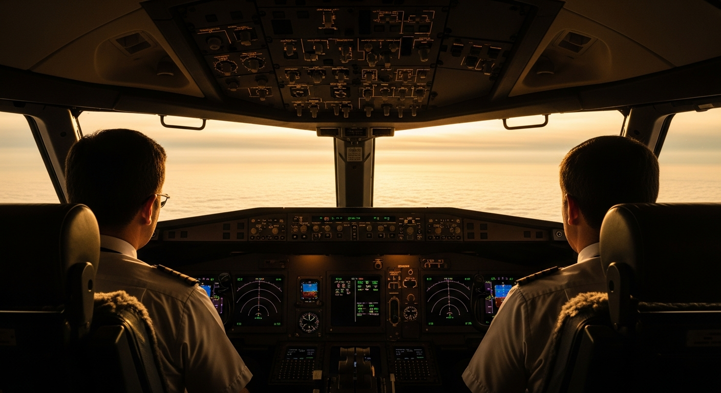 Two pilots in a cockpit above the clouds at golden hour