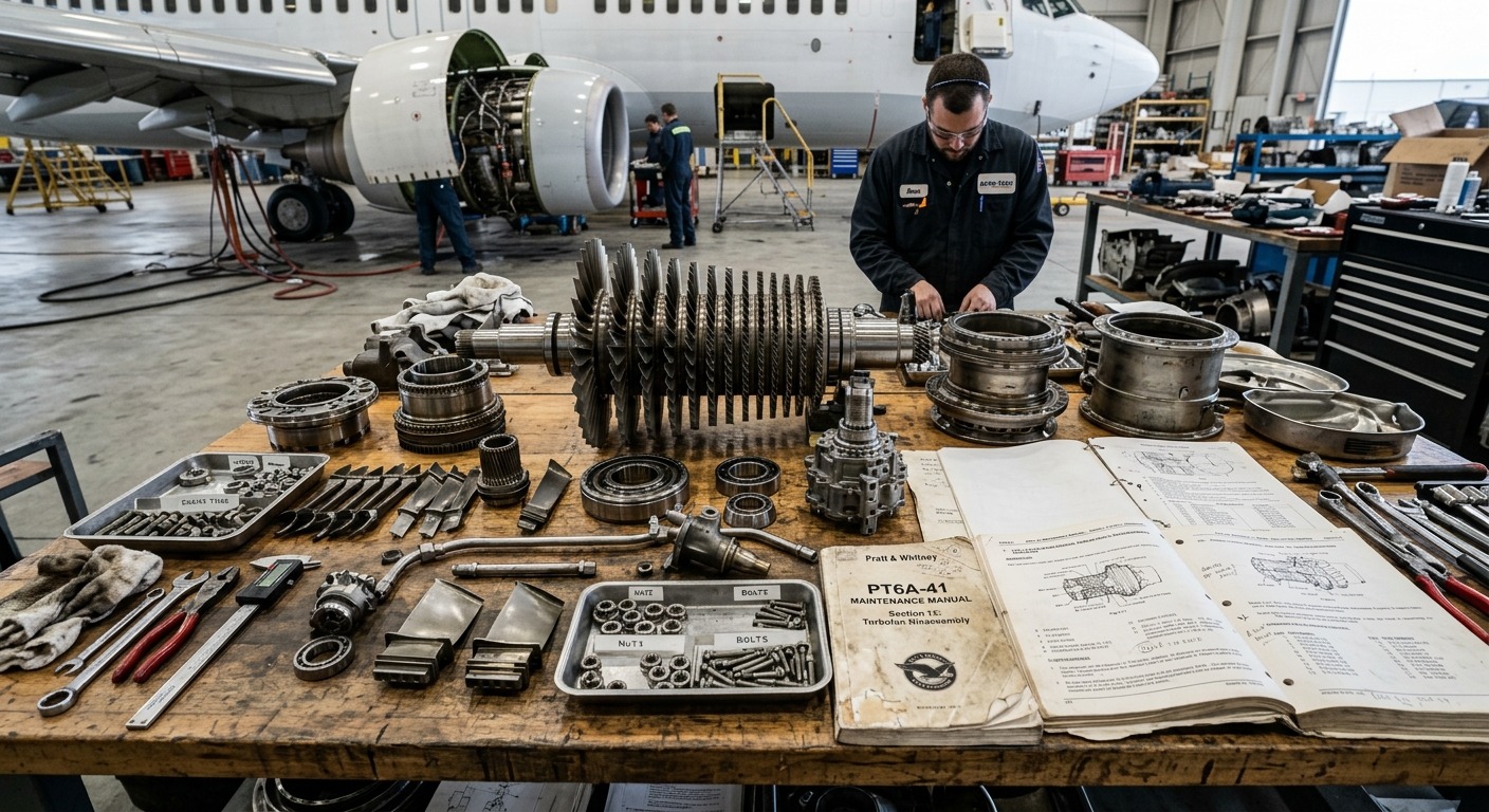 Aircraft engine components on a workshop bench in an aviation maintenance hangar