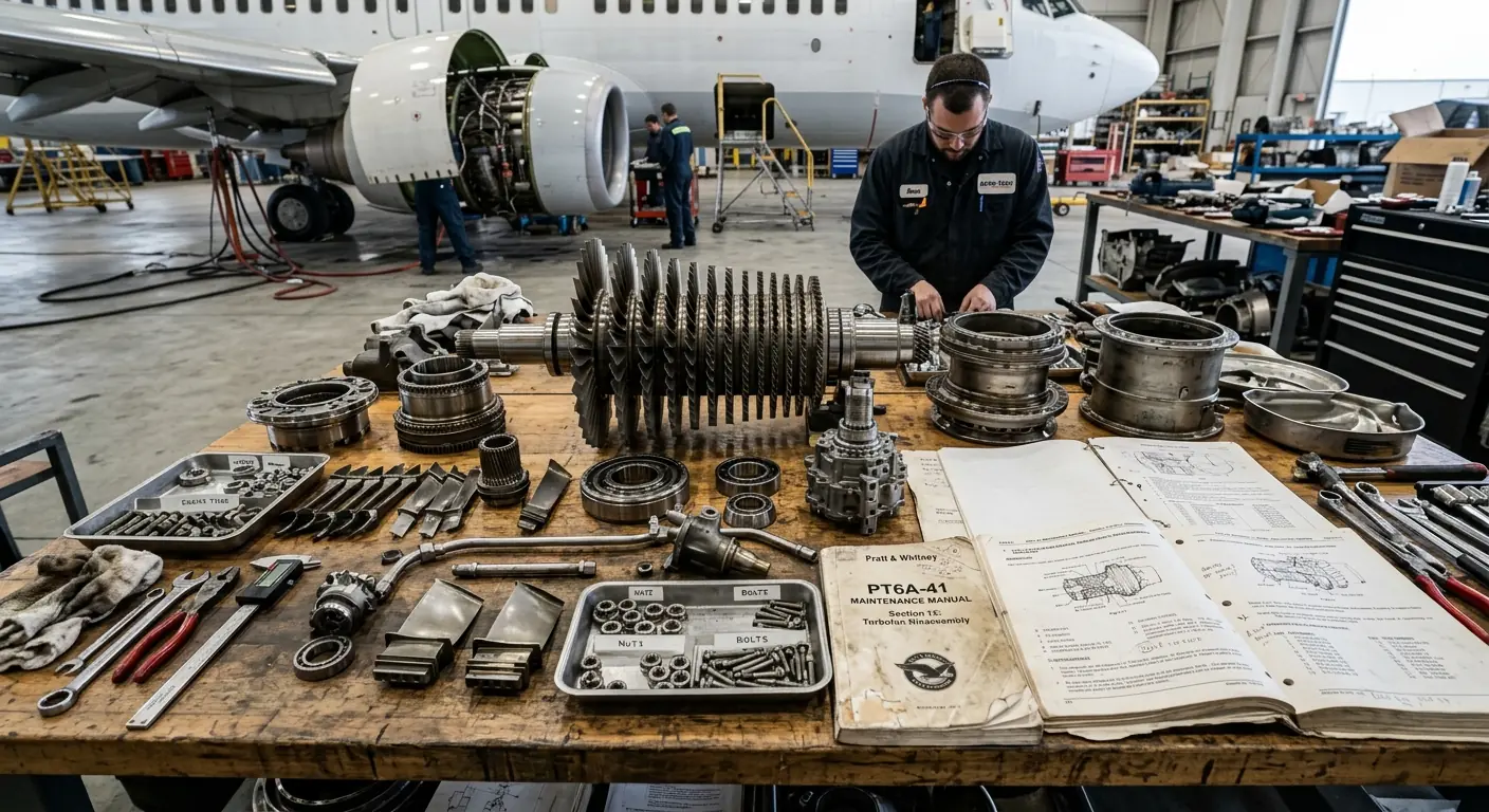 Aircraft engine components on a workshop bench in an aviation maintenance hangar