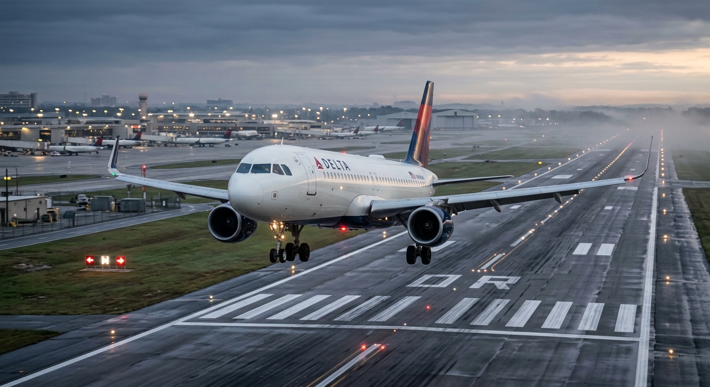 A Delta Air Lines Airbus A320 on short final approach over the runway in light dawn mist