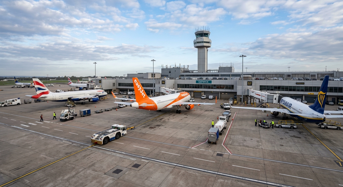 easyJet, British Airways and Ryanair jets parked at Gatwick gates beside the control tower in early morning light