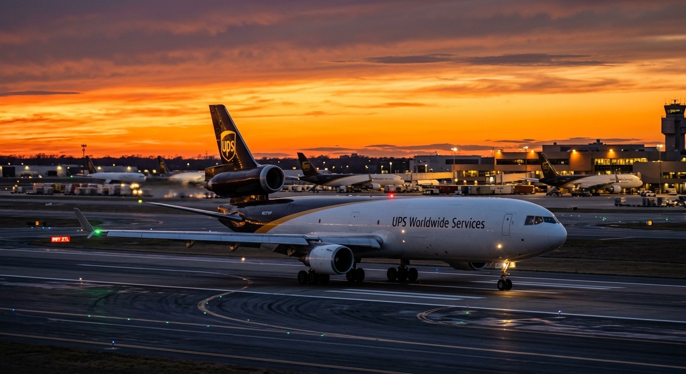 UPS Boeing MD-11 cargo aircraft taxiing at dusk