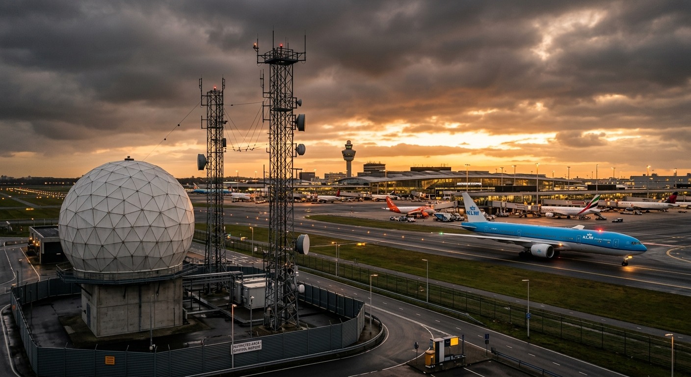 Airport radar tower and communication equipment at dawn