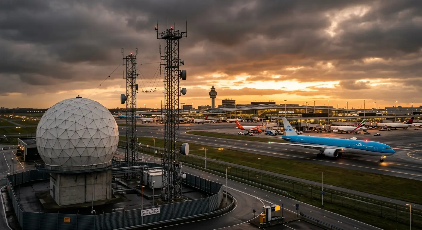 Airport radar tower and communication equipment at dawn