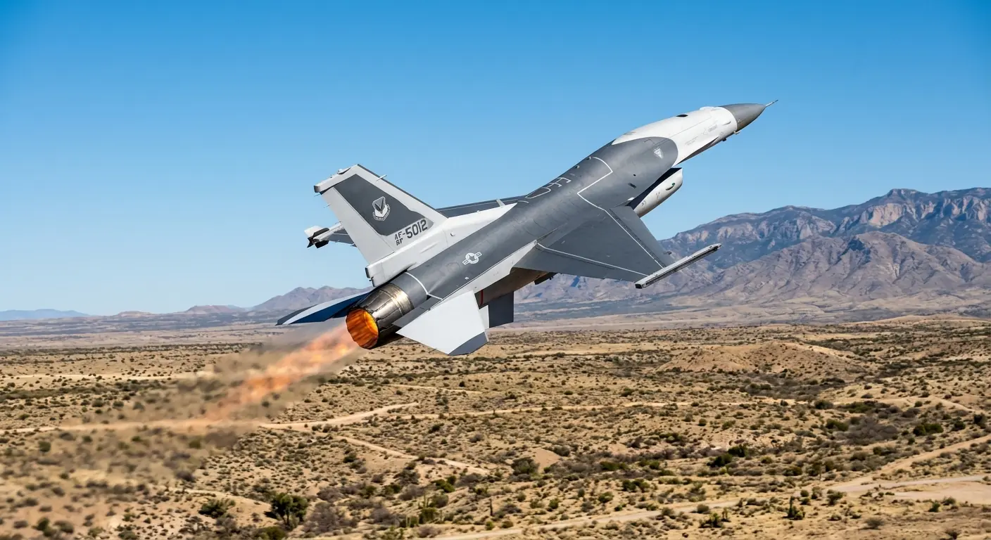 Hermeus Quarterhorse unmanned supersonic jet climbing over New Mexico desert with afterburner