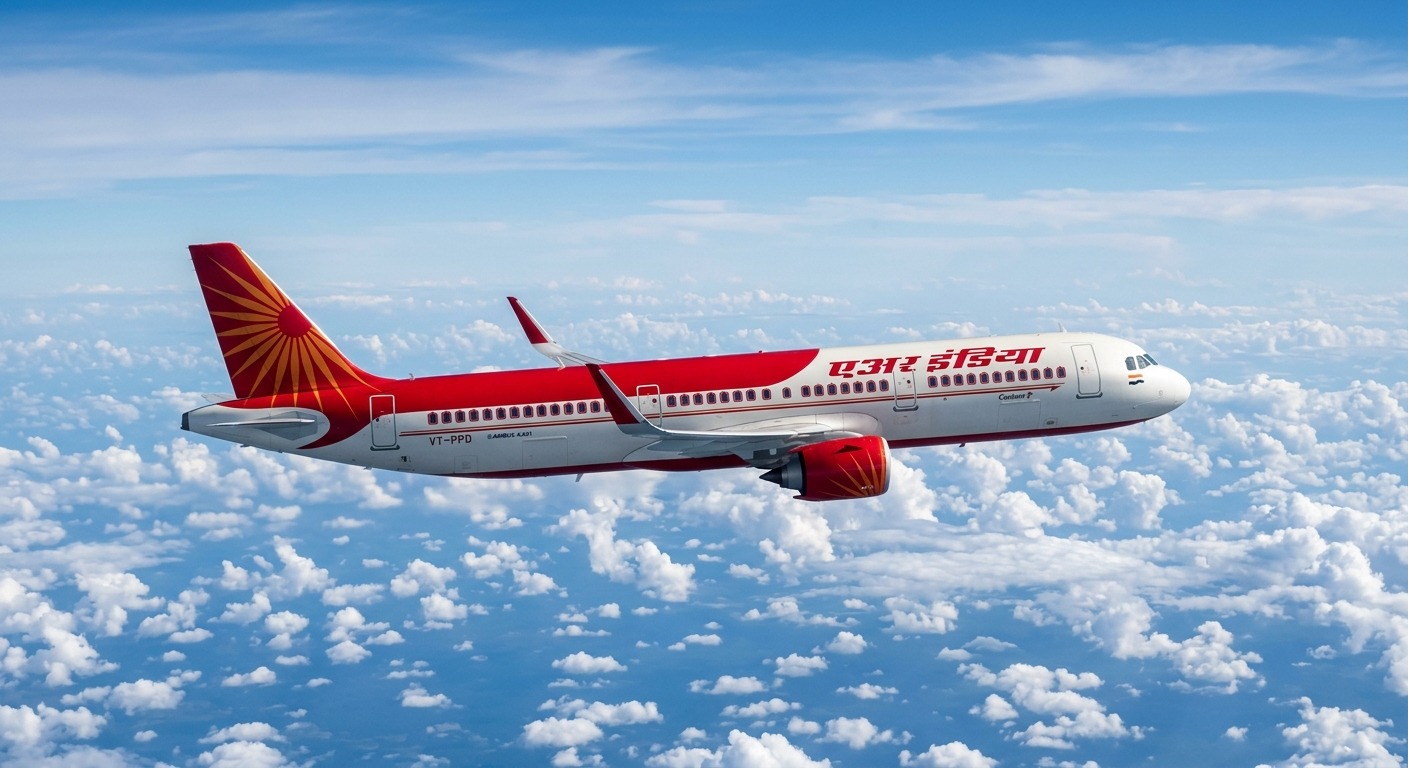 Air India Airbus A321 in red and white livery cruising above clouds