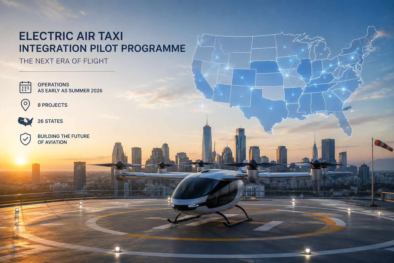 The FAA has approved eight pilot projects across 26 states to begin integrating electric air taxis into US commercial aviation from as early as summer 2026.