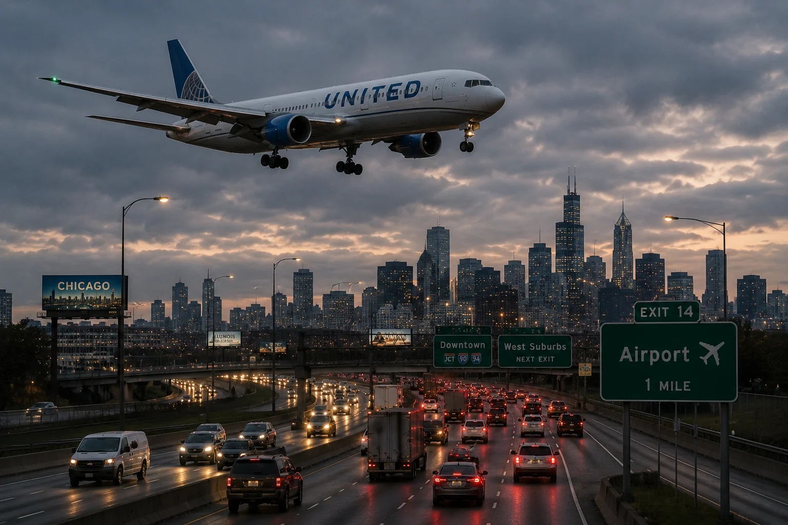 A United Airlines Boeing 767 passes low over a busy motorway during its approach to Newark Liberty International Airport, where a recent collision incident has prompted renewed scrutiny of airport approach safety.