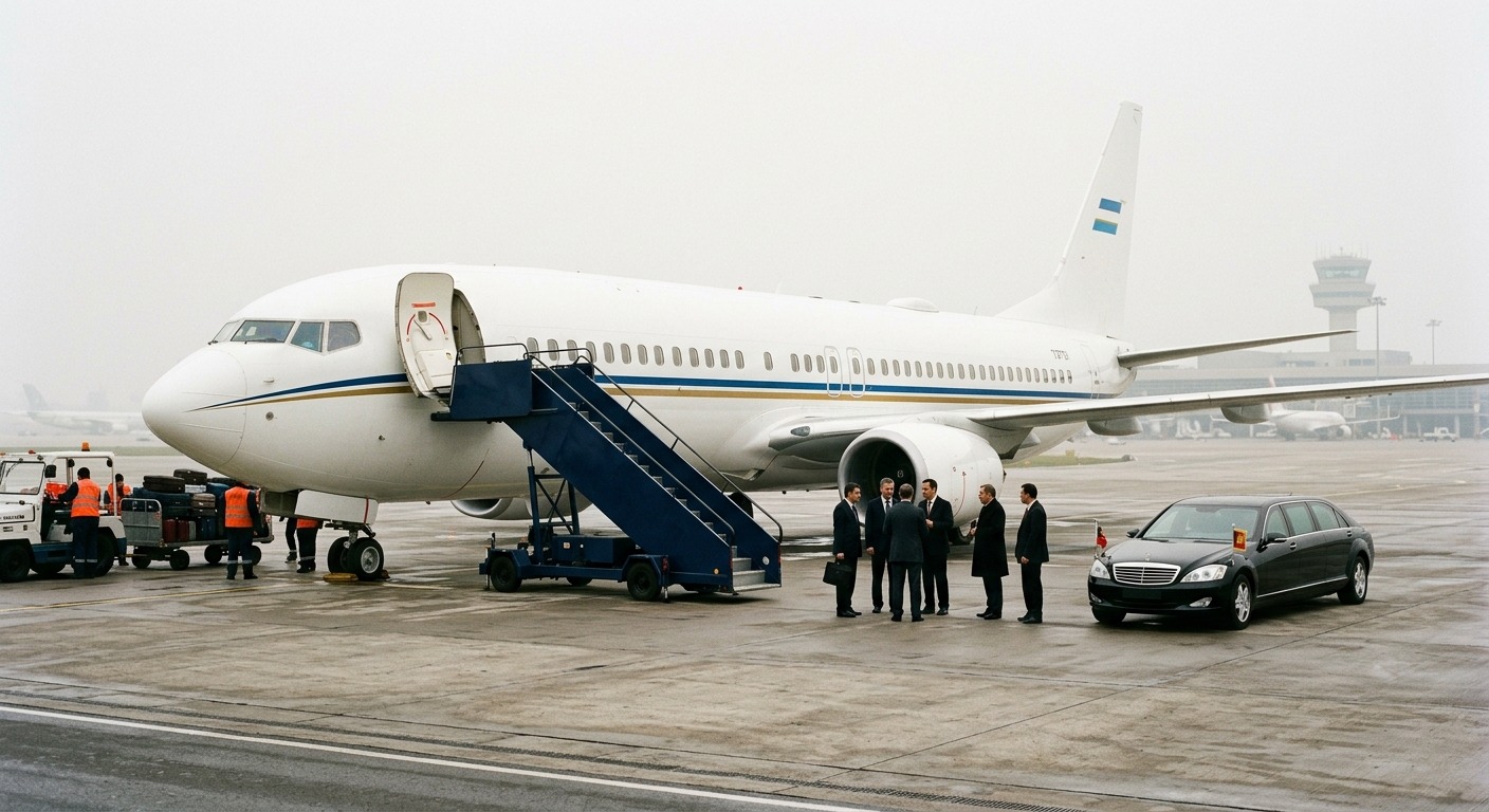 A government VIP jet parked on a remote apron stand with mobile air stairs, officials in suits, hi-vis ground crew, a baggage cart and a waiting black limousine under a hazy sky