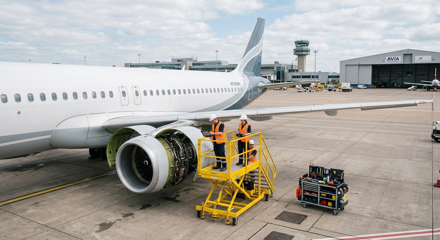 Aircraft maintenance engineers in high-visibility vests inspecting the open engine of a narrow-body airliner from a yellow access platform on the apron
