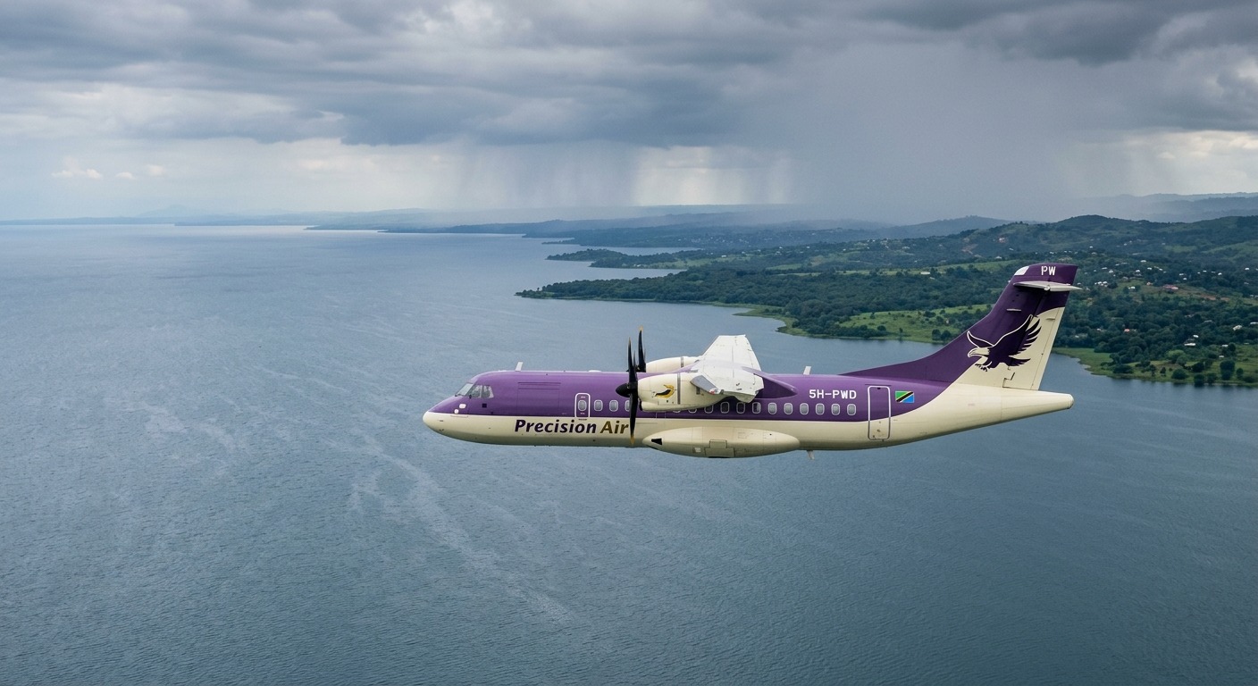 A Precision Air ATR 42 turboprop in purple livery flying over Lake Victoria, Tanzania
