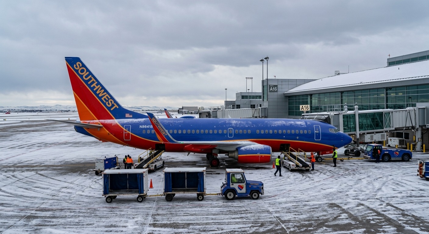 A Southwest Airlines Boeing 737 at a snow-covered airport gate in winter