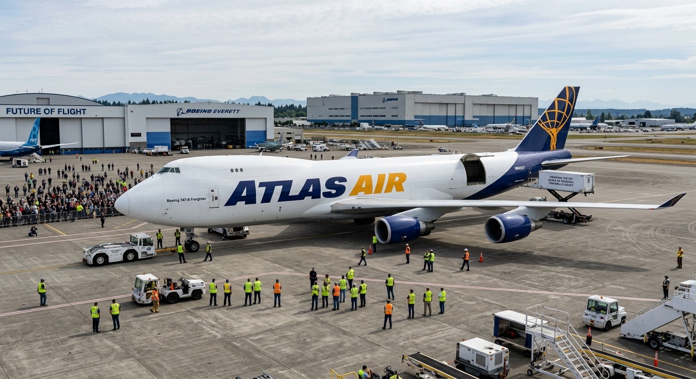 The last Boeing 747 ever built, in Atlas Air livery, at the Boeing Everett delivery ceremony