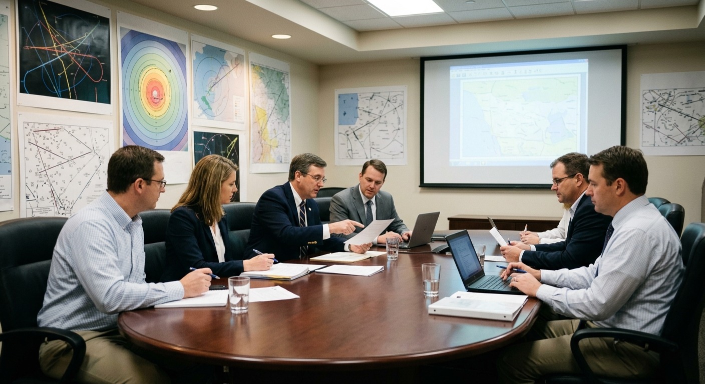 FAA aviation authority officials in a conference room reviewing airspace charts and documents