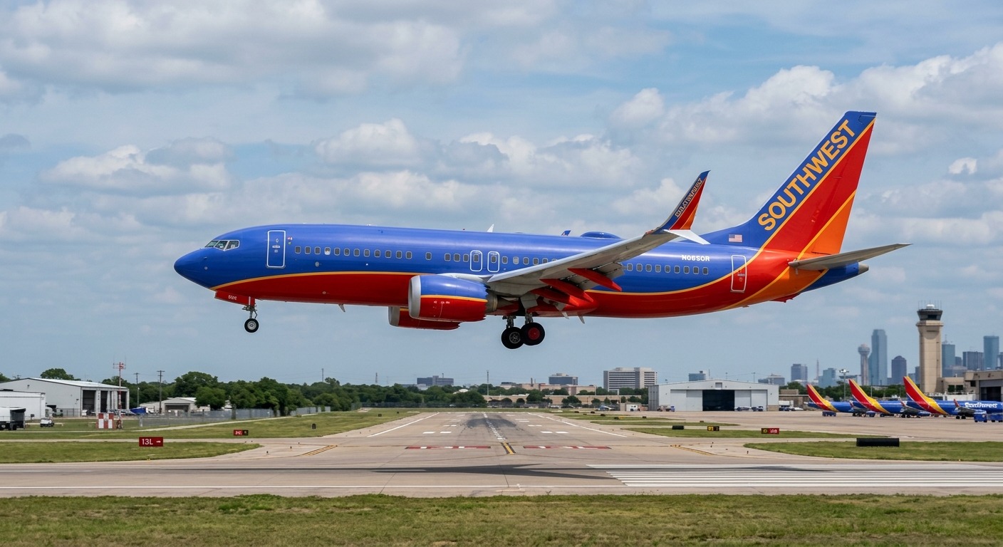 A Boeing 737 MAX 8 in Southwest Airlines livery on short final approach, landing gear down, nose slightly pitched up, airborne above the runway threshold