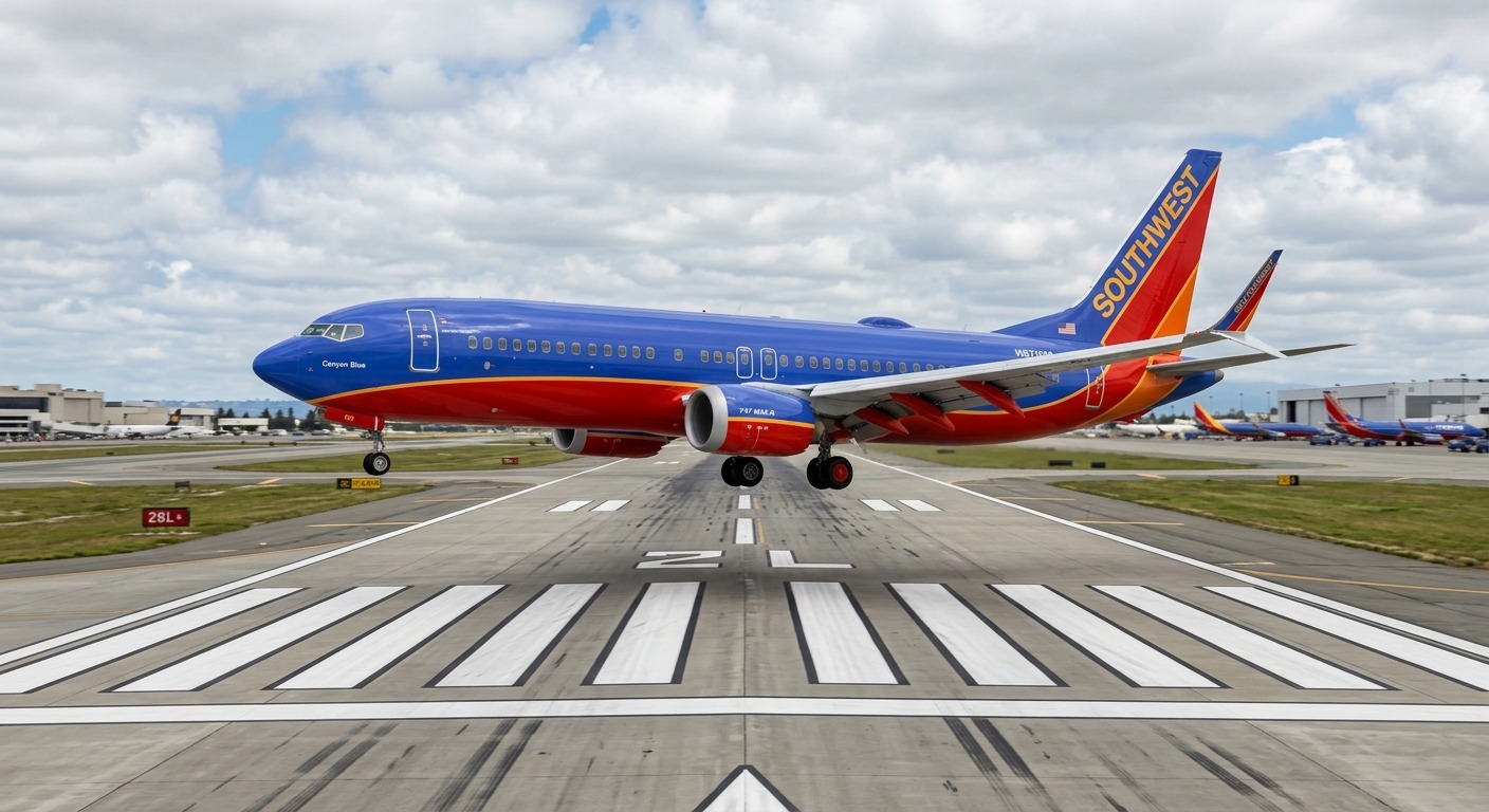 A Boeing 737 MAX 8 in Southwest Airlines livery on final approach, gear down, aligned with the runway centreline