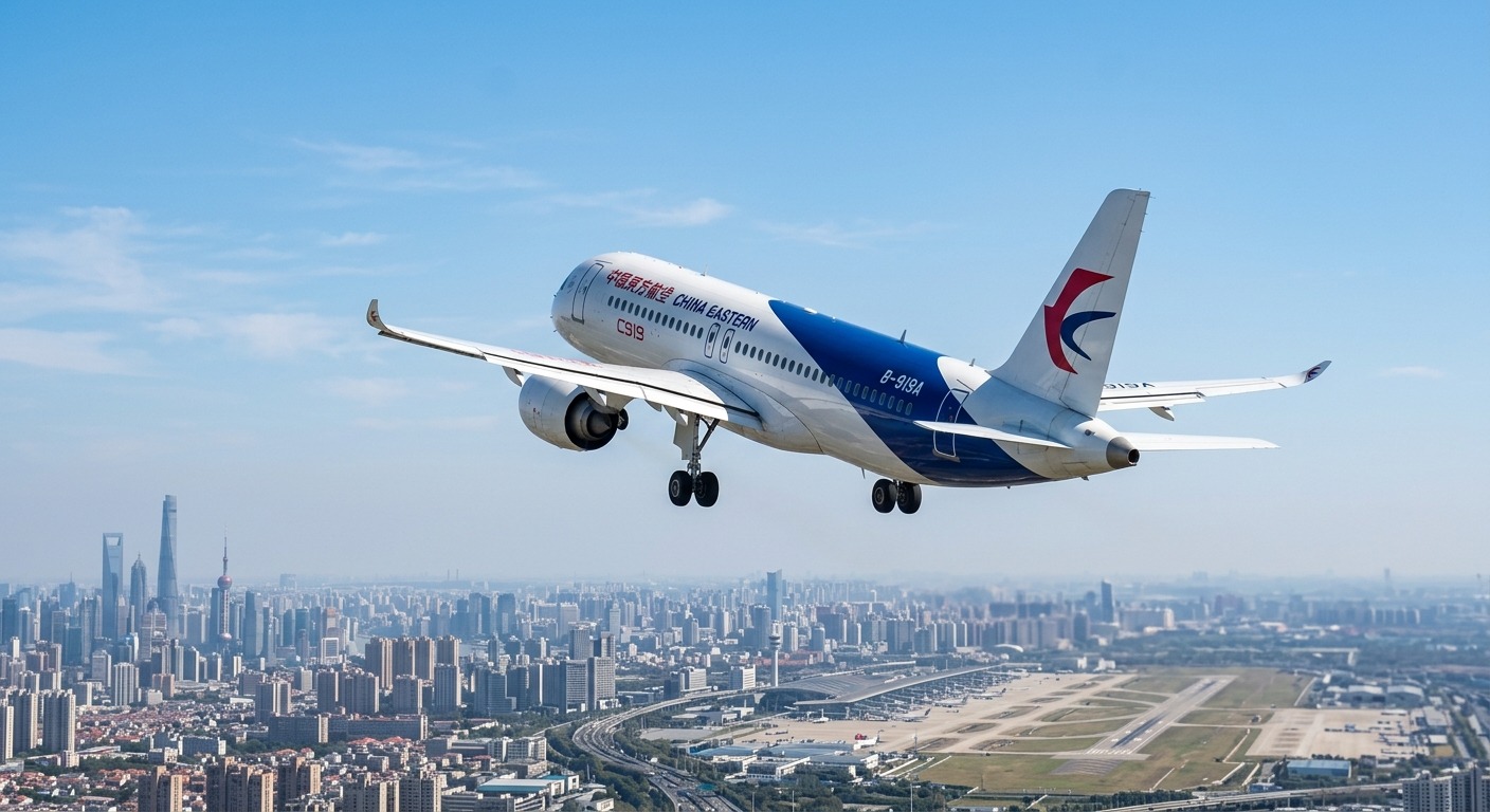 A China Eastern COMAC C919 climbing over a city skyline after departure
