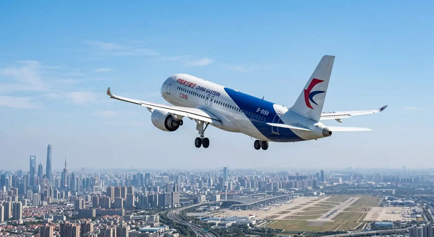 A China Eastern COMAC C919 climbing over a city skyline after departure