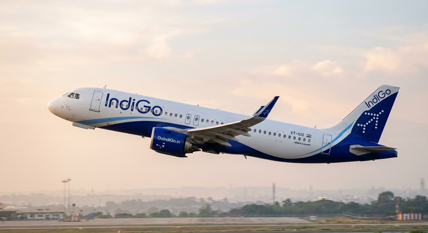 An IndiGo Airbus A320neo climbing after take-off in late-afternoon haze