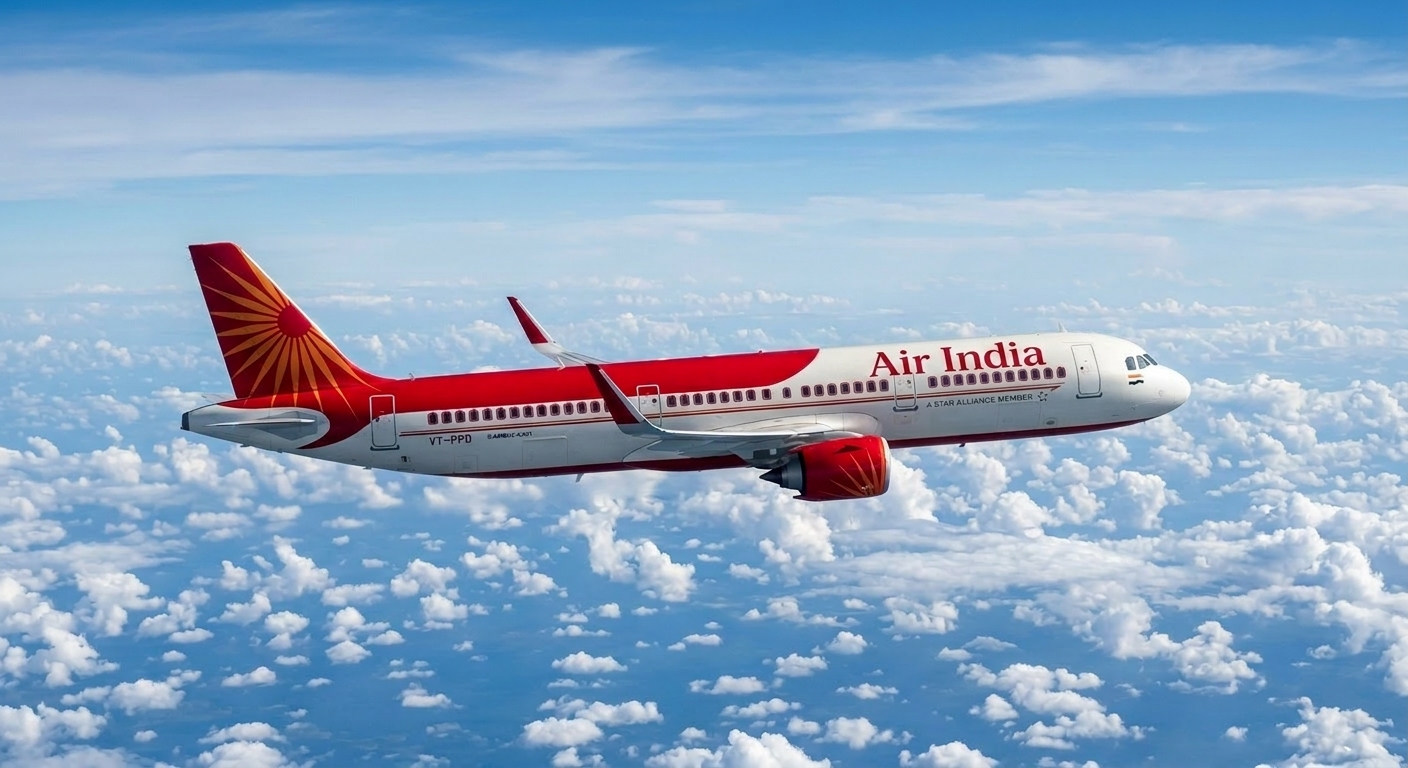 Air India Airbus A321 in red and white livery cruising above clouds