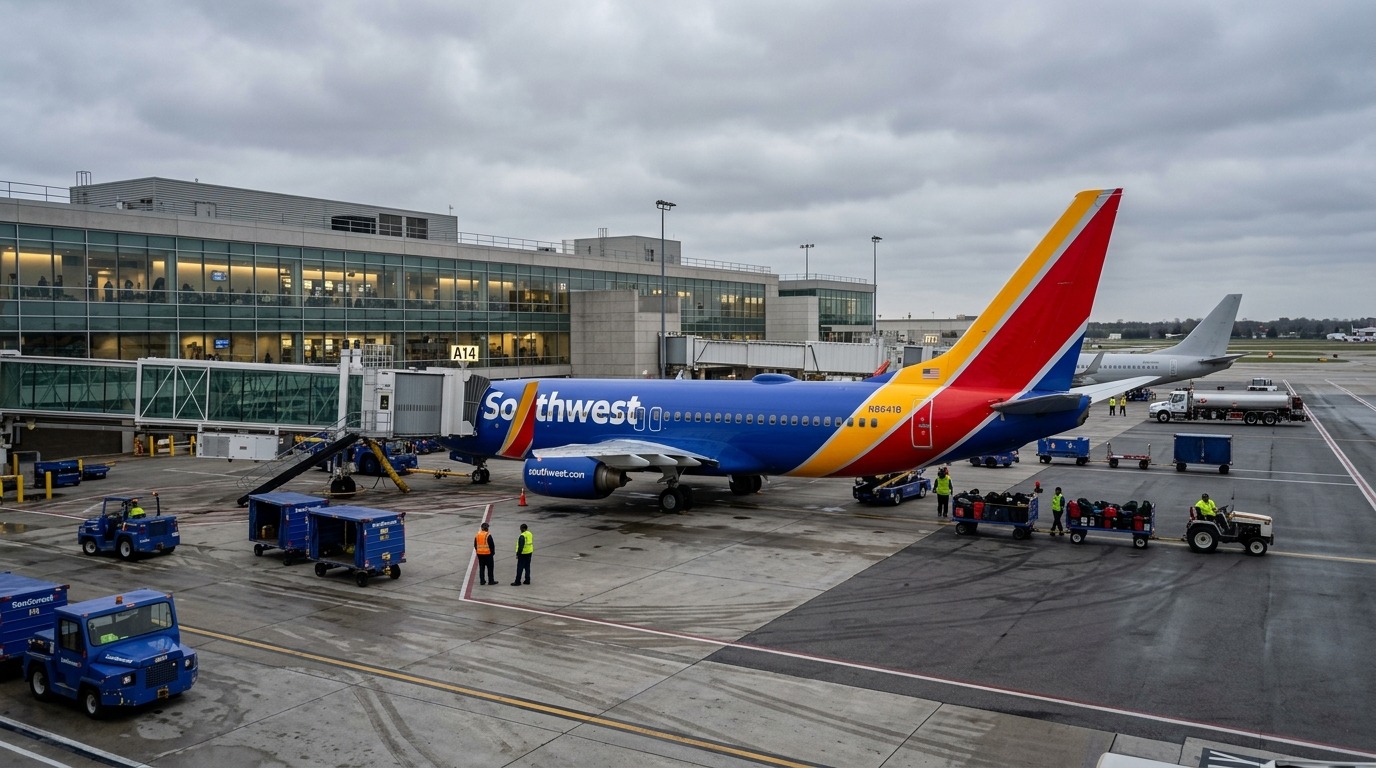 A Southwest Airlines Boeing 737 parked at a jet bridge at a busy airport under an overcast sky