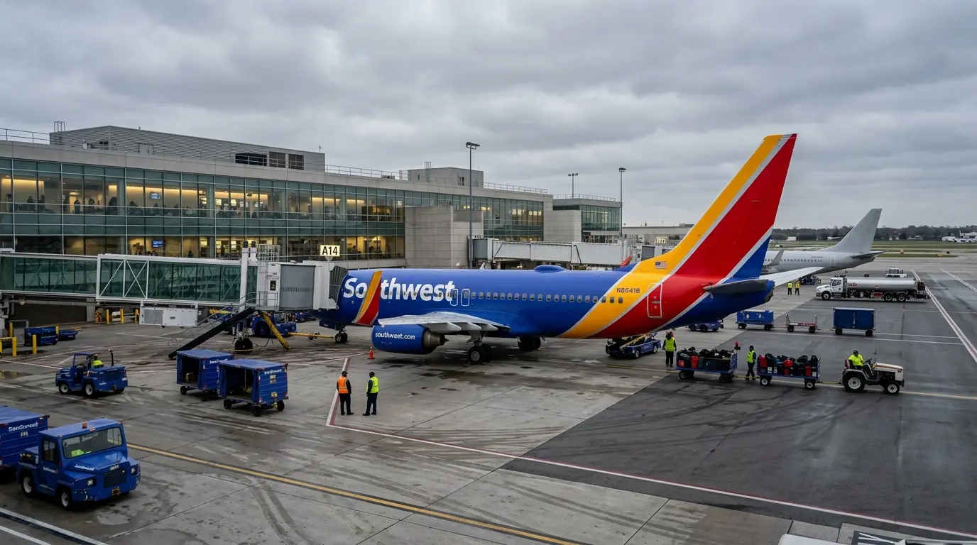 A Southwest Airlines Boeing 737 parked at a jet bridge at a busy airport under an overcast sky