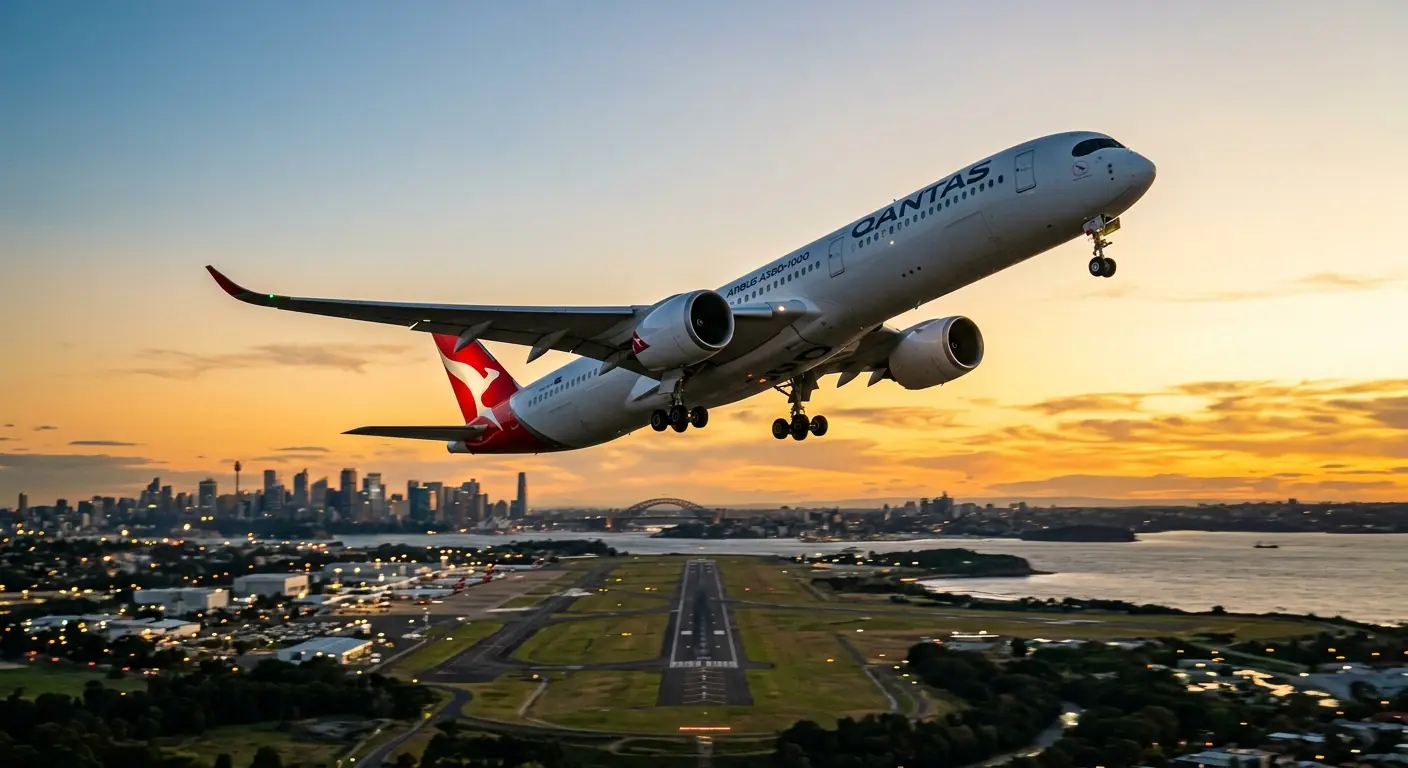 A Qantas Airbus A350-1000 climbing into a golden sunset sky shortly after takeoff