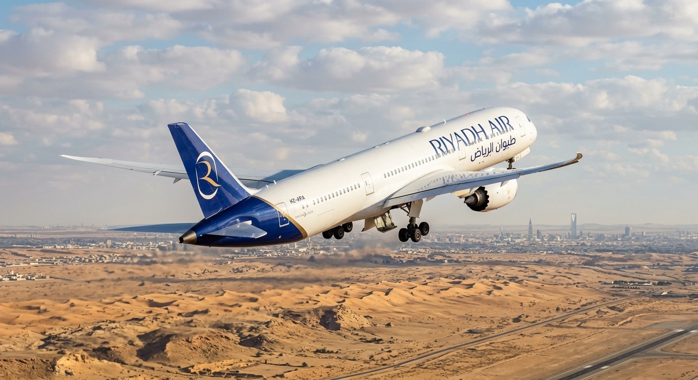 Riyadh Air Boeing 787-9 Dreamliner climbing after takeoff from Riyadh over Saudi Arabian desert