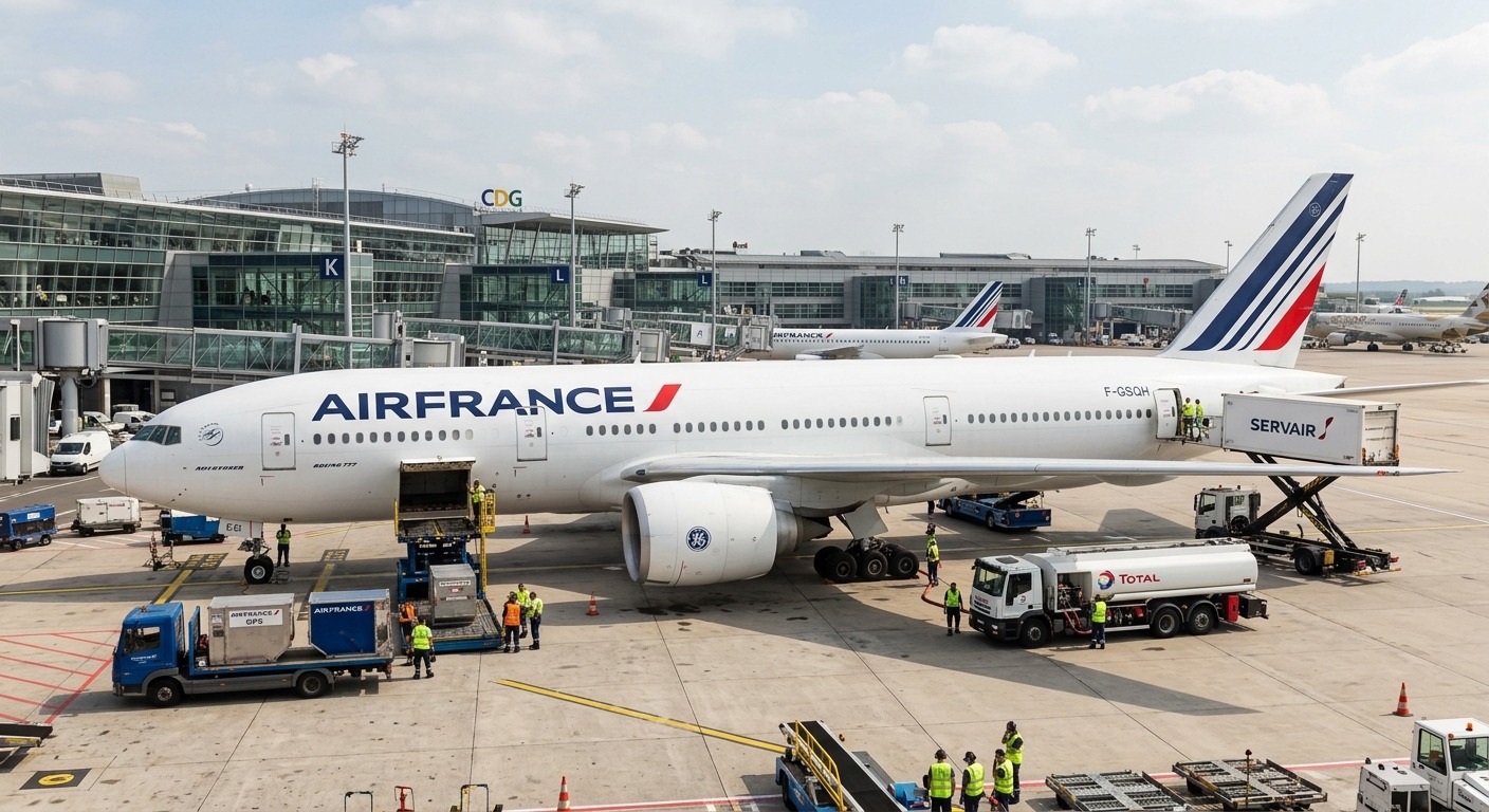 Air France Boeing 777 at Charles de Gaulle Airport gate with ground crew and service vehicles