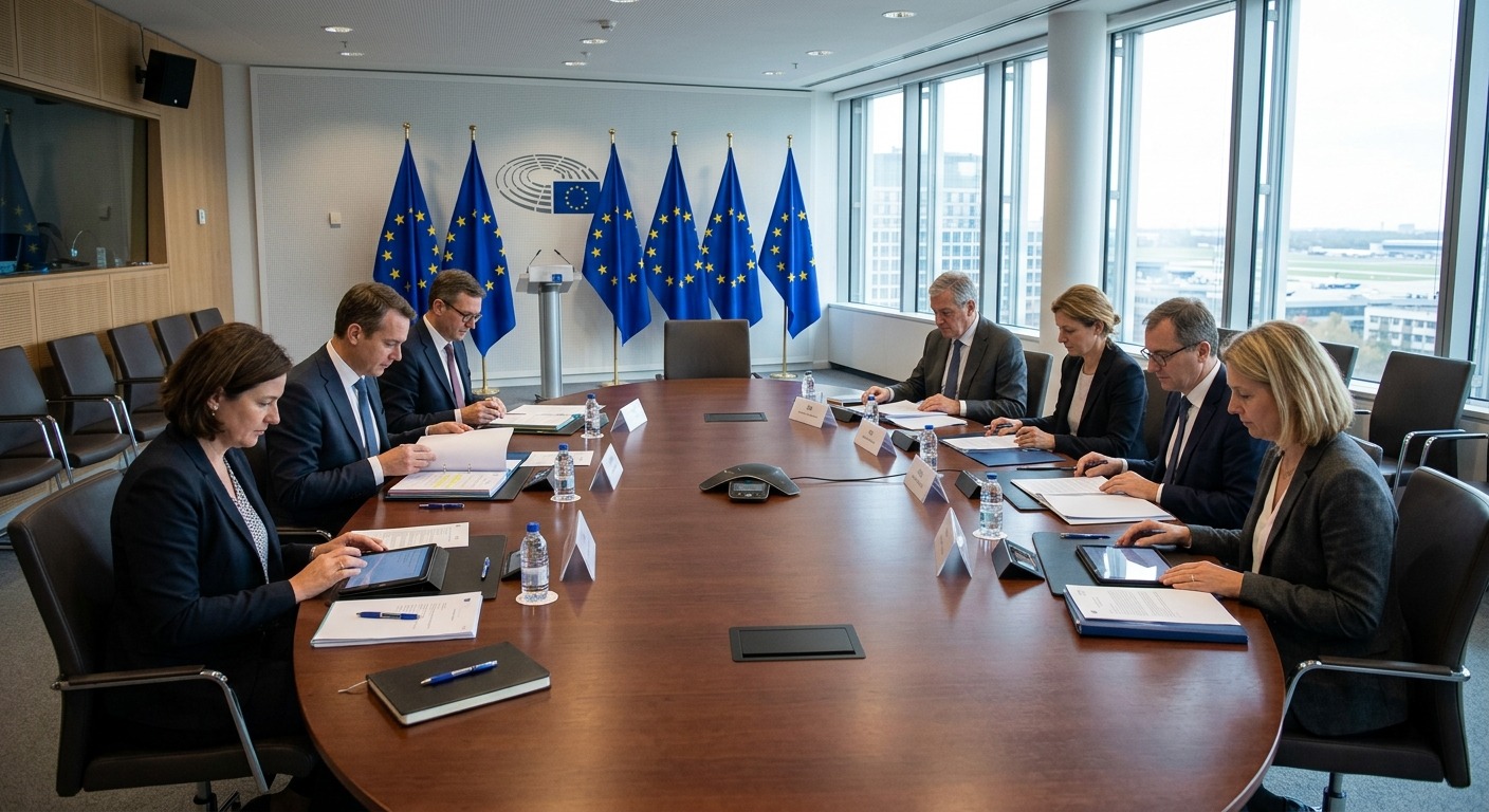 EU officials seated around a conference table reviewing new air passenger rights regulations