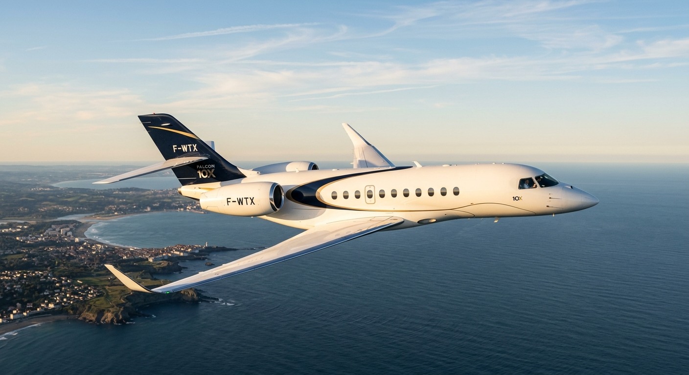 Dassault Falcon 10X business jet in flight over the French coastline during its maiden flight