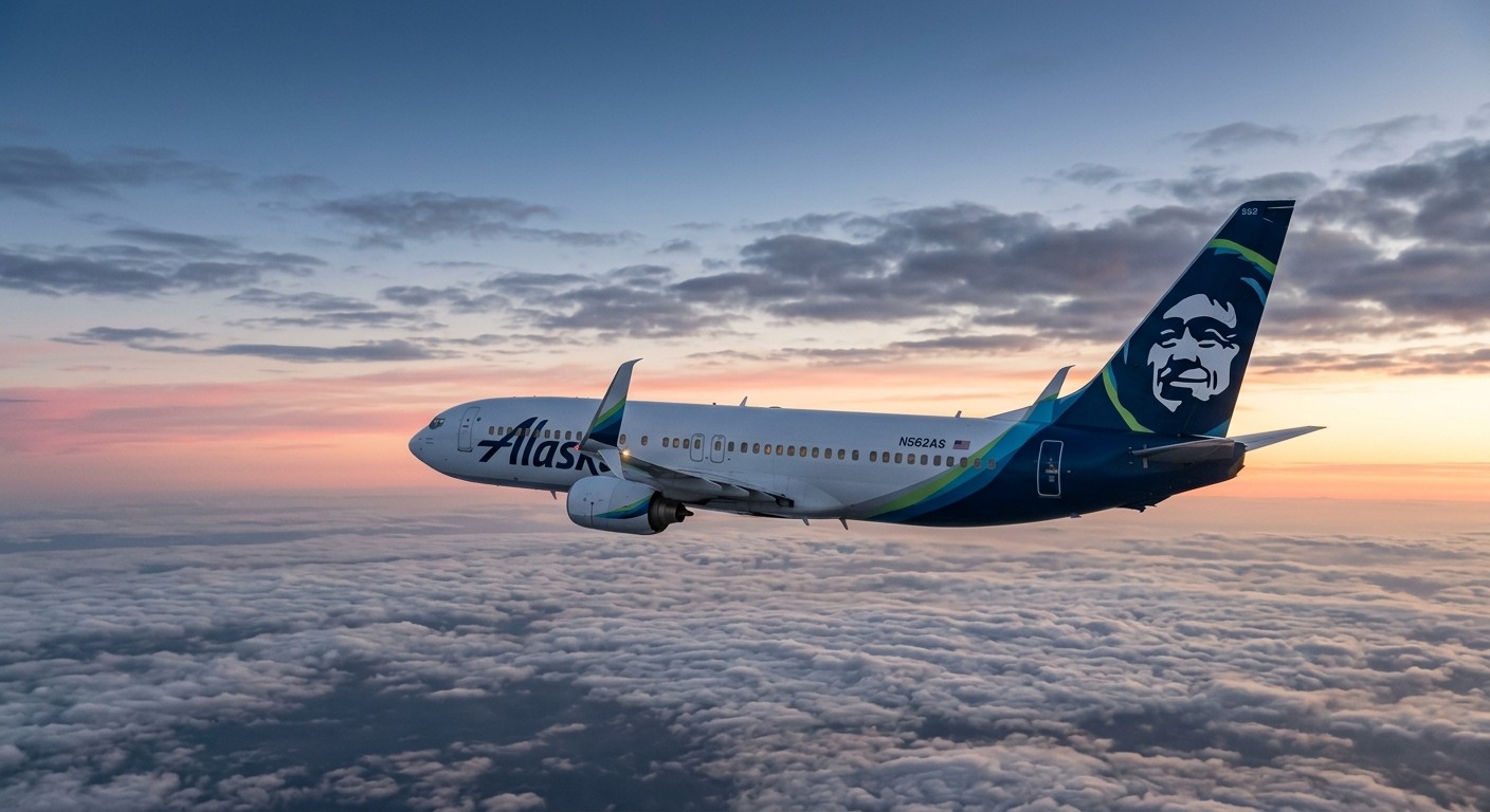 Alaska Airlines Boeing 737 in cruise flight at dawn above clouds