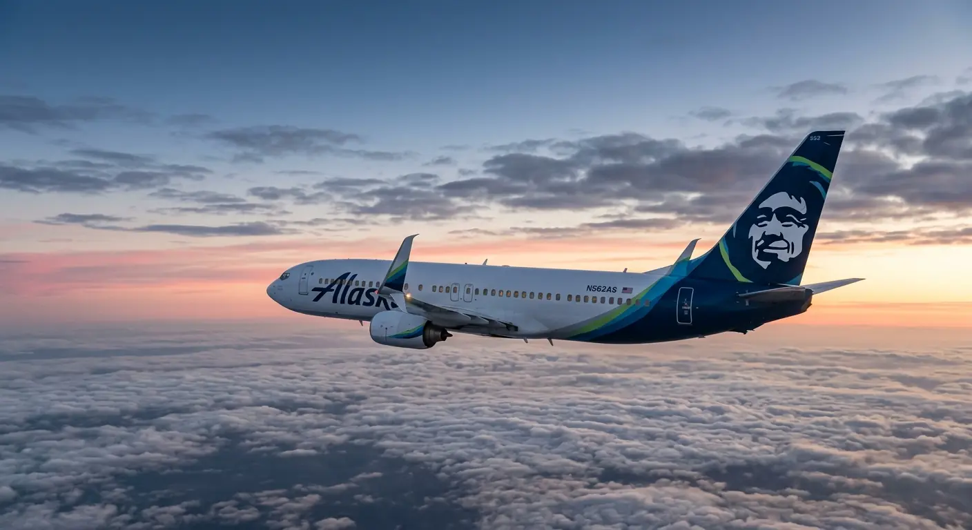 Alaska Airlines Boeing 737 in cruise flight at dawn above clouds