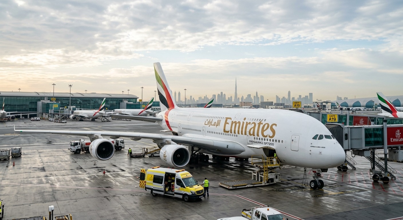 Emirates Airbus A380 parked at Dubai International Airport with Dubai skyline in background