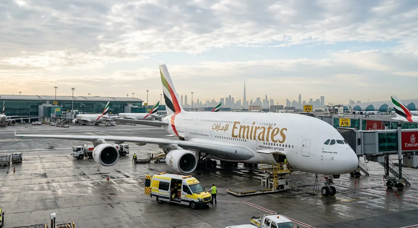 Emirates Airbus A380 parked at Dubai International Airport with Dubai skyline in background