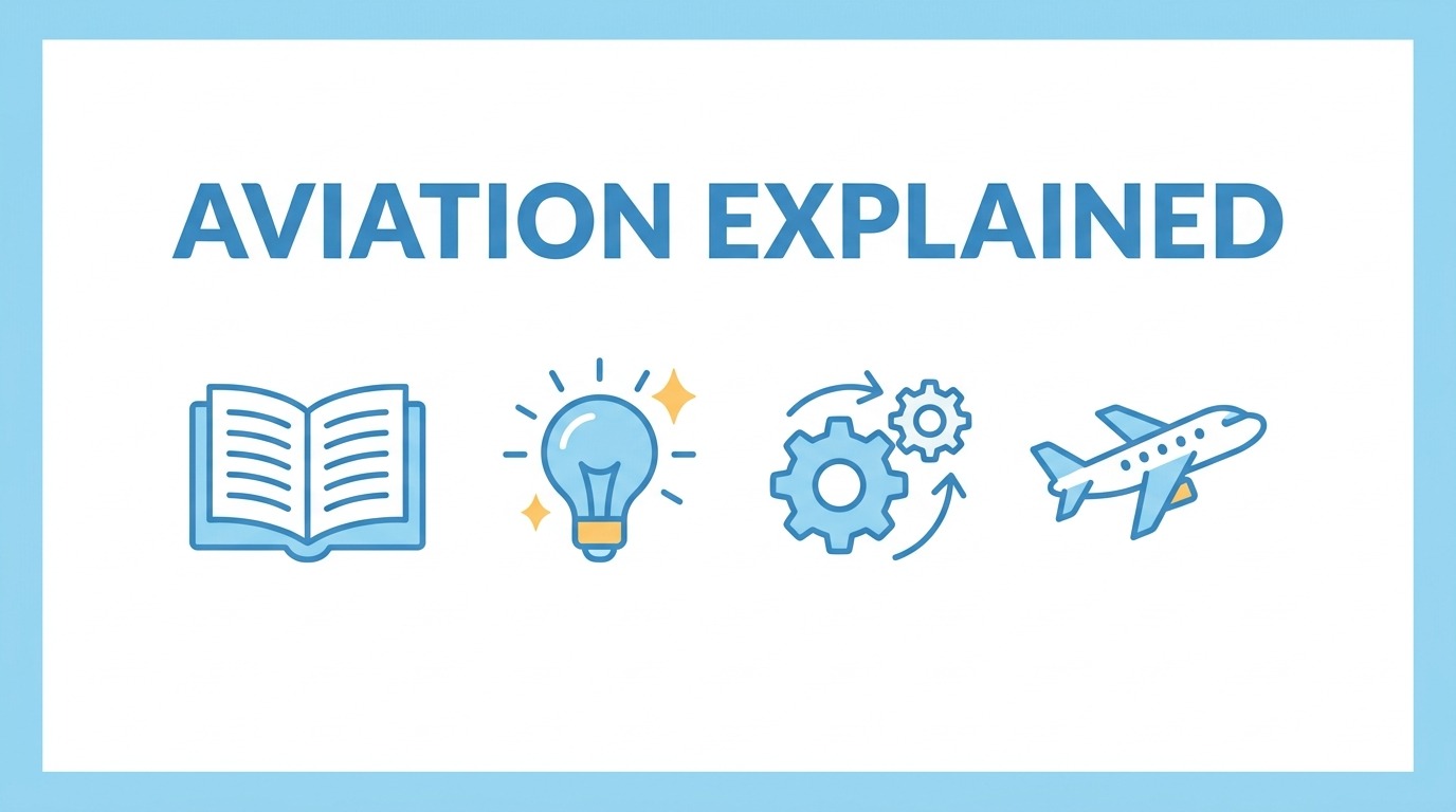 Aviation Explained banner: an open book, a lightbulb, gears and a passenger jet in a blue-bordered frame