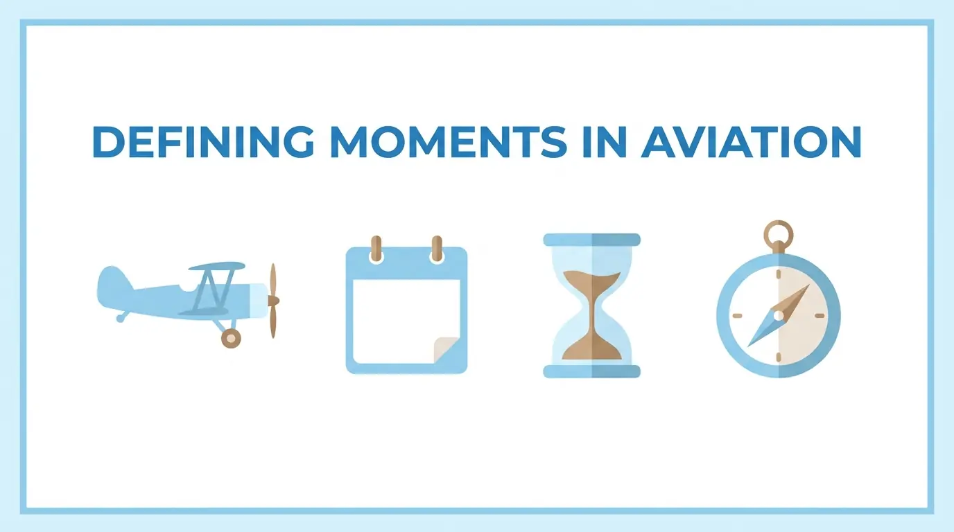 Defining Moments in Aviation banner: a vintage biplane, calendar, hourglass and compass in a slim blue-bordered frame