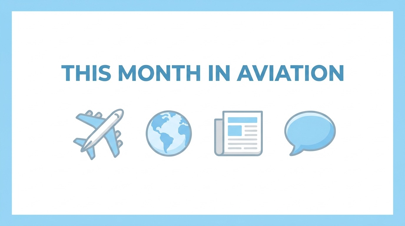 This Month in Aviation banner: flat icons of a jet, globe, newspaper and speech bubble