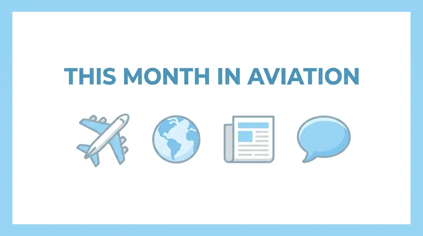 This Month in Aviation banner: flat icons of a jet, globe, newspaper and speech bubble
