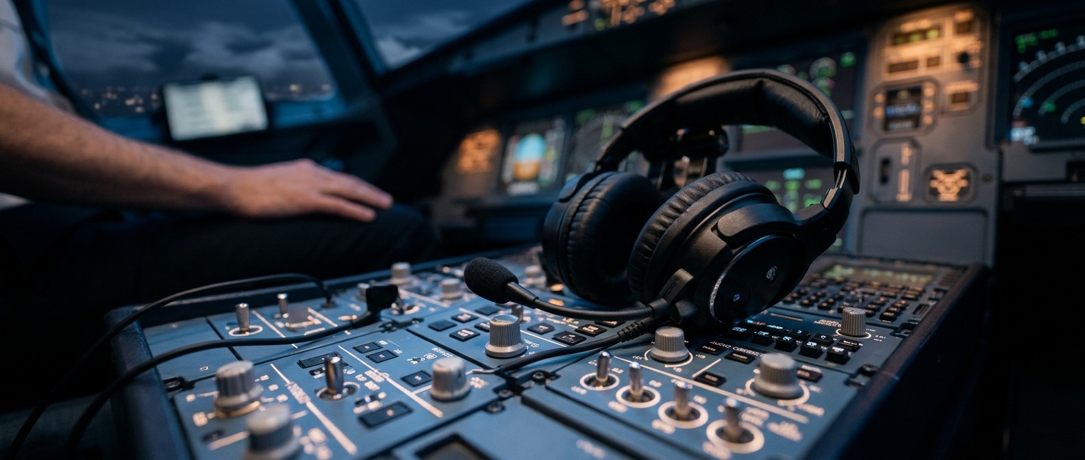 Airliner cockpit radio panel with a pilot headset and boom microphone