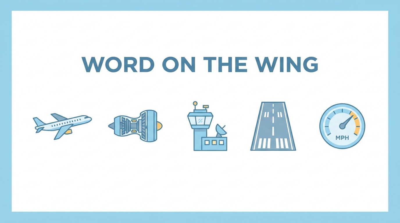 Word on the Wing banner: flat icons of a passenger jet, jet engine, control tower, runway and speed gauge