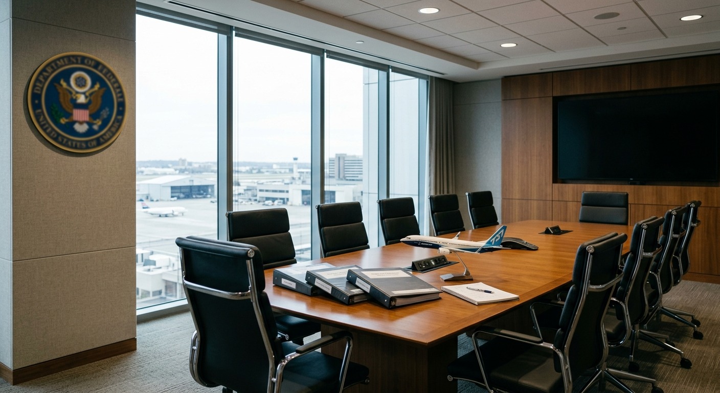 Interior of an aviation regulatory office with a US Department of Transportation seal and a model airliner on the conference table