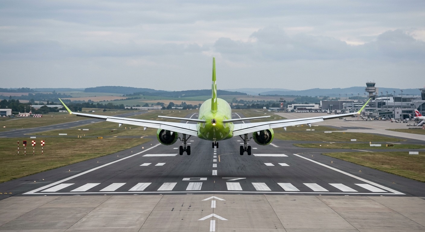 A lime-green airBaltic Airbus A220 on approach to land, gear down and aligned with the runway centreline