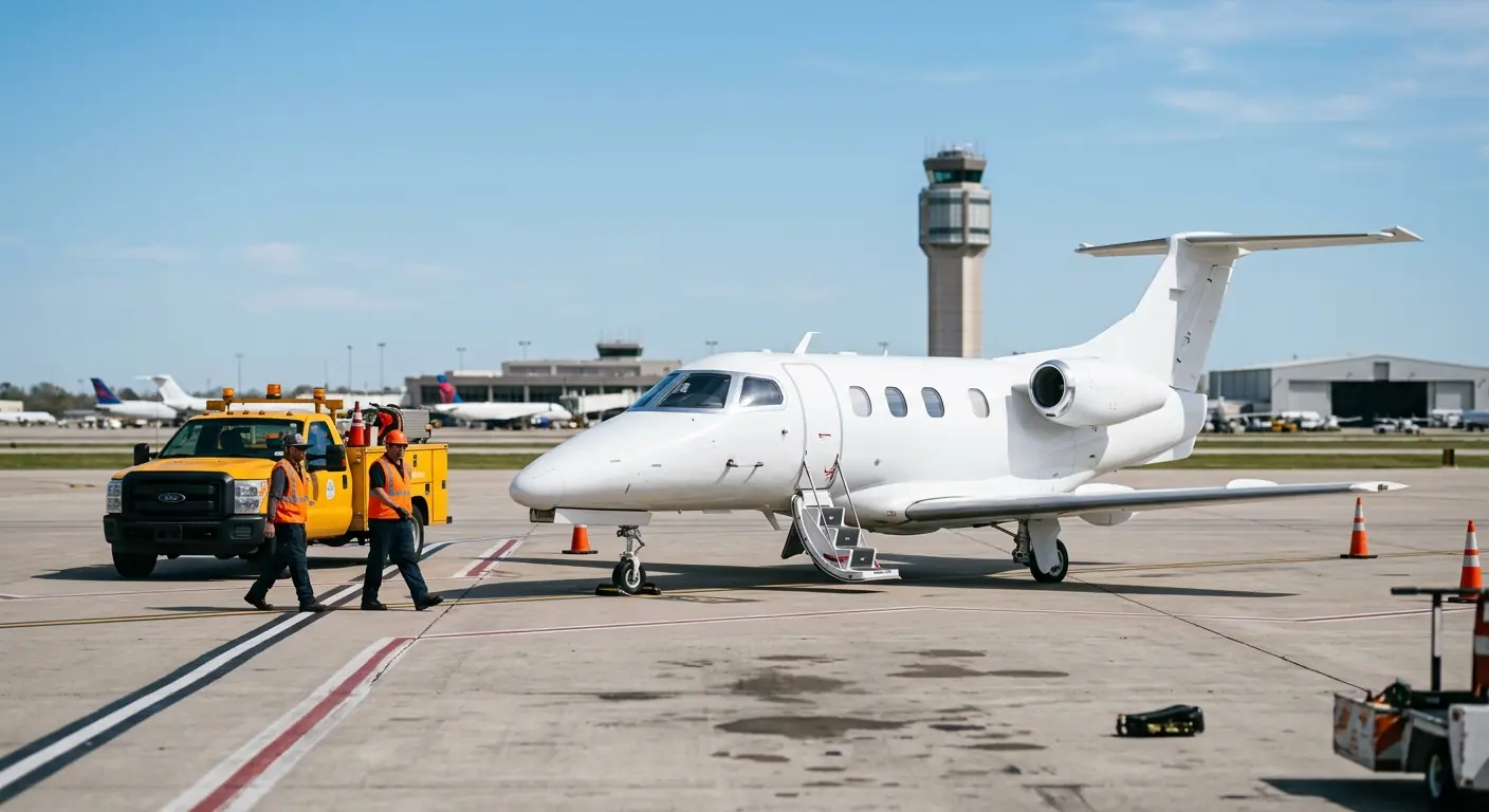 A small business jet on an airport taxiway with a ground service truck and crew nearby, control tower in the background